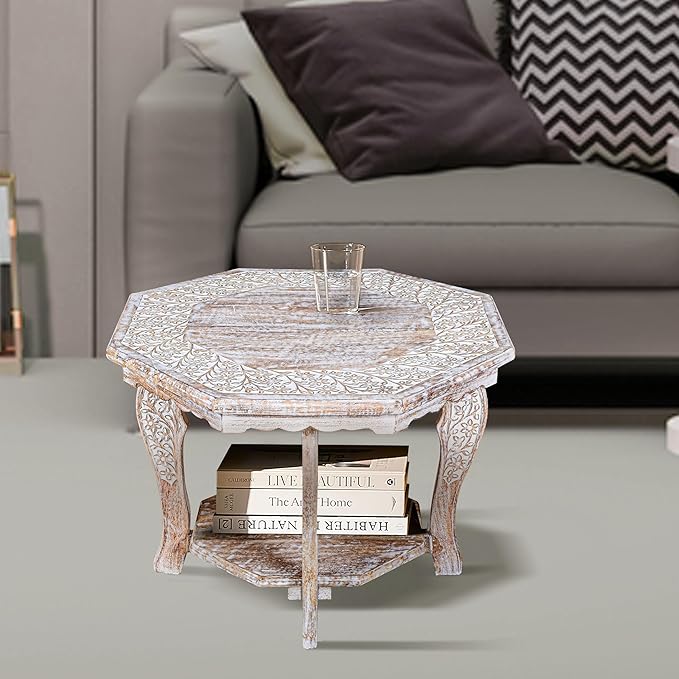 Farmhouse Carved Octagonal End Table – Rustic Accent Side Table - Image 9