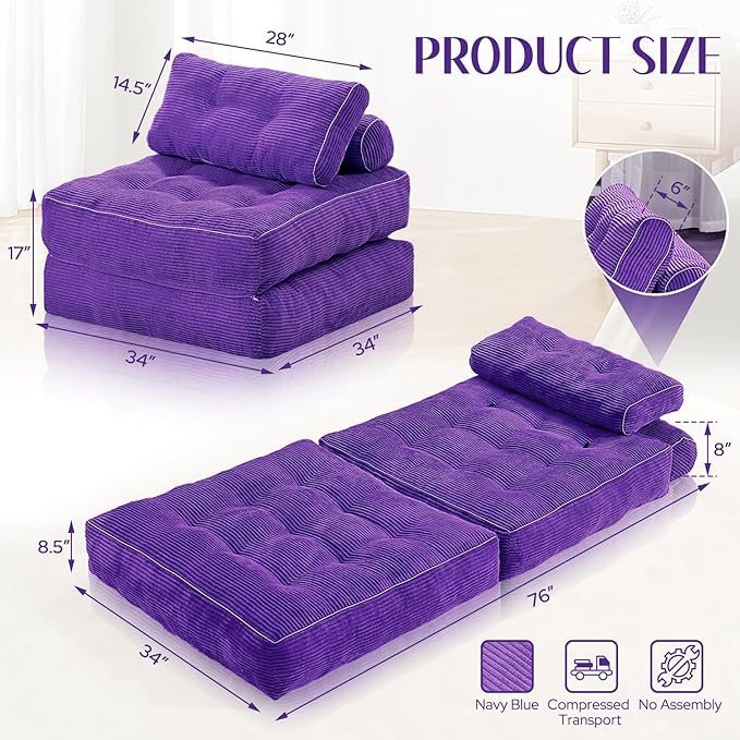 HABUTWAY Folding Sofa Bed, Convertible Sleeper Chair Bed w/Dual-Pillow & Handle - Image 2