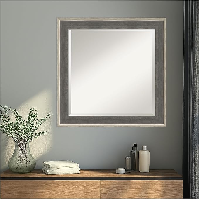 Amanti Art Grey Wall Mirror 25x25 Cottage Grey Silver Square Bathroom Mirror - Image 4