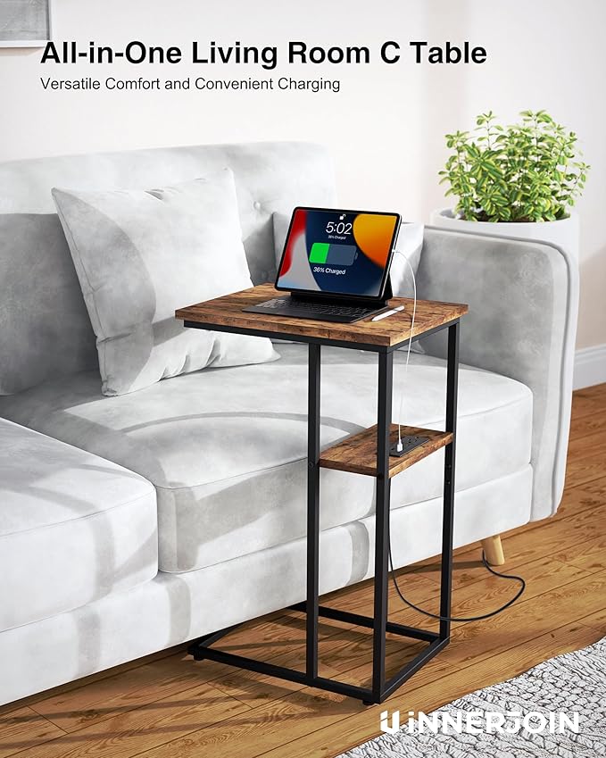 Innerjoin Side Table with Charging Station Set of 2, C Shaped End Table with - Image 7