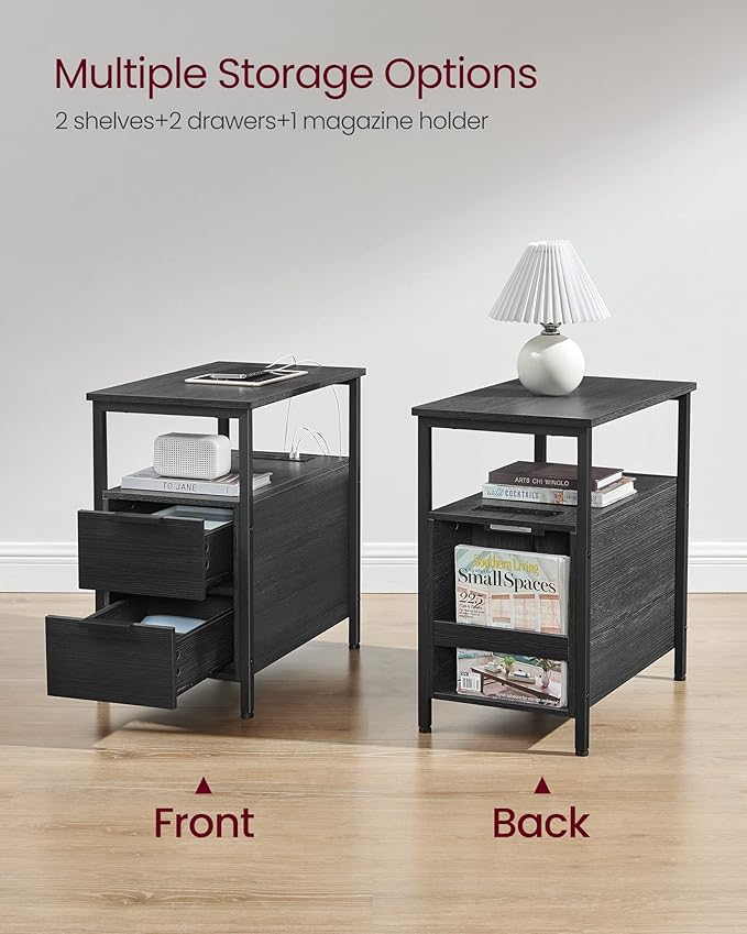 VASAGLE Side Table with Charging Station, Narrow End Table with 2 Drawers - Image 5