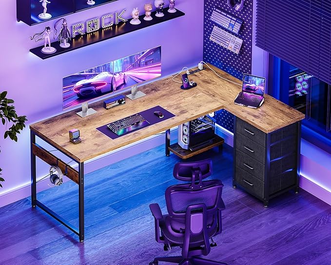 AODK L Shaped Desk with 4 Tier Drawers, L Shaped Computer Table with USB - Image 2