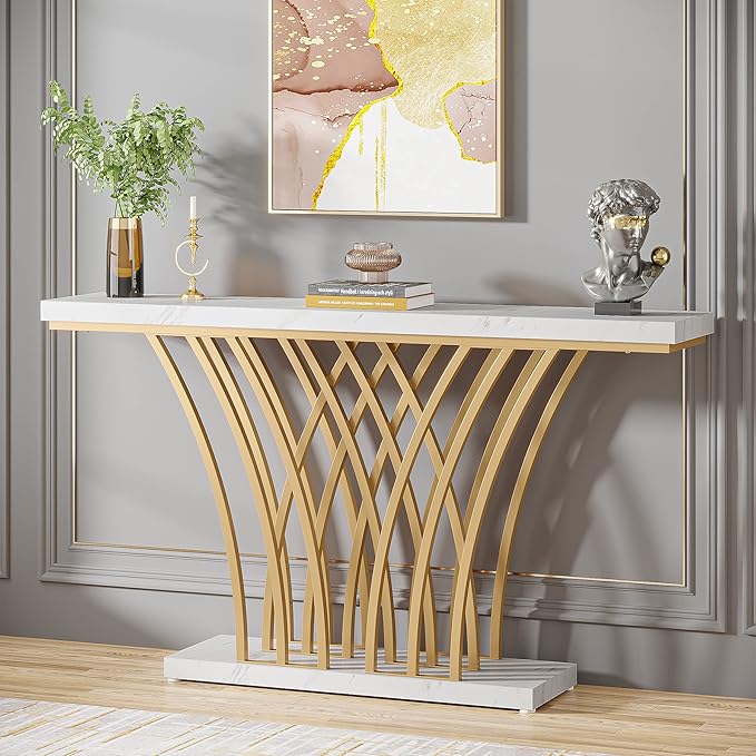 LITTLE TREE Narrow Entryway Console Table, Faux Marble White+Gold - Image 2