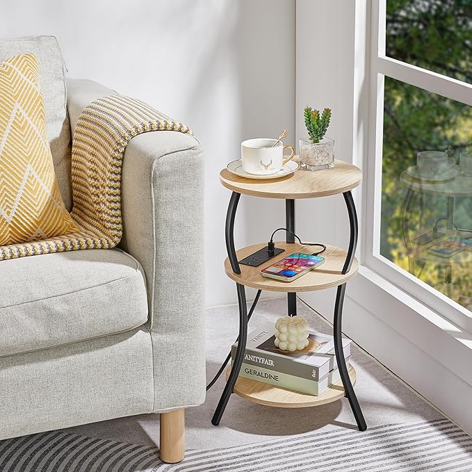 Small Round Side Table with Charging Station, 3-Tier Waist Circular End Table - Image 6