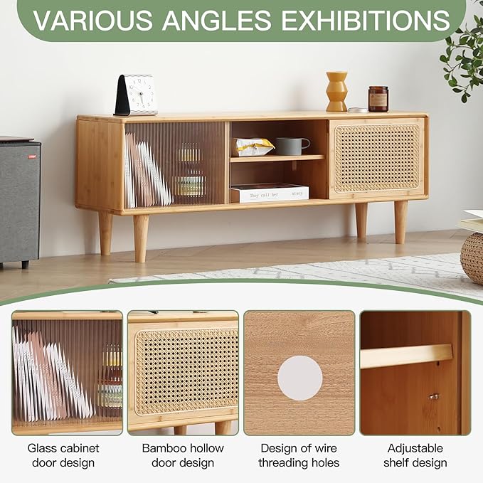 Welnow Rattan TV Stand for Up to 55 Inch, Mid Century Modern Bamboo - Image 4