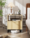 Fluted Night Stand with Charging Station, Wood Nightstand with Large Drawer and by DEMEGA