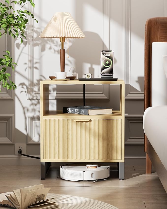 Fluted Night Stand with Charging Station, Wood Nightstand with Large Drawer and by DEMEGA