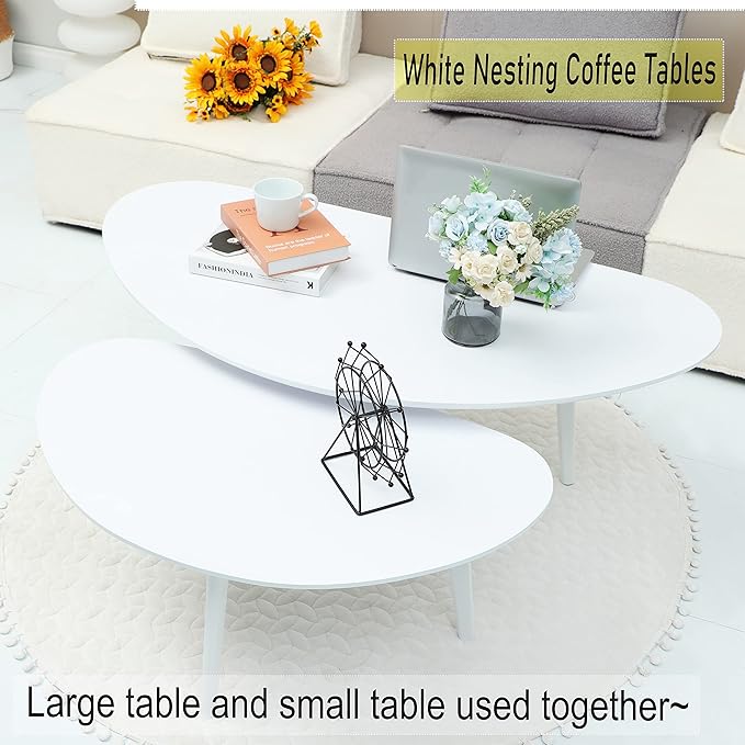 FIRMINANA Mid Century Modern Coffee Table, Large Oval White Coffee Table - Image 6