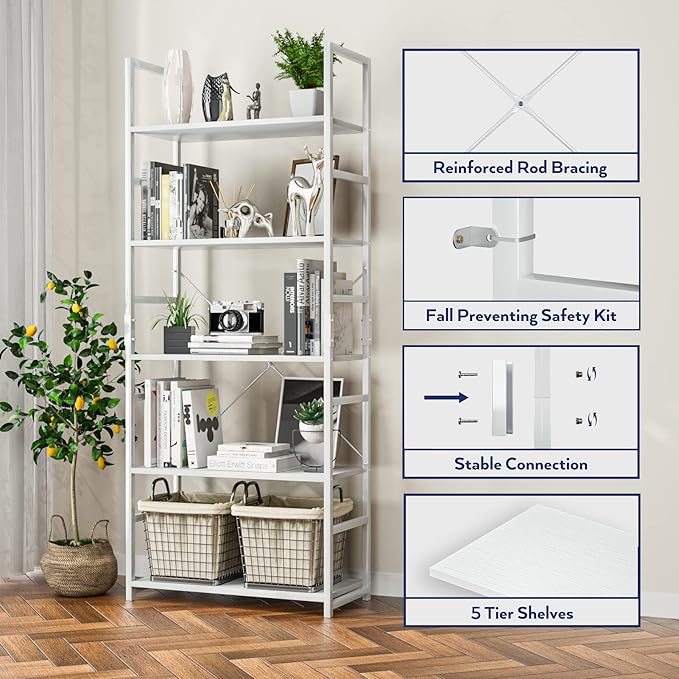 NUMENN 5 Tier Bookshelf, Tall Bookcase Shelf Storage Organizer, Modern Book - Image 5