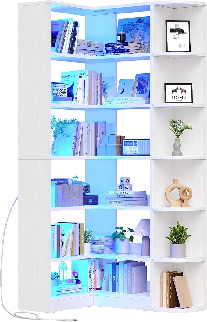 YITAHOME Corner Bookshelf with LED Light, 6 Tier Corner Shelf White Bookshelf - Image 7