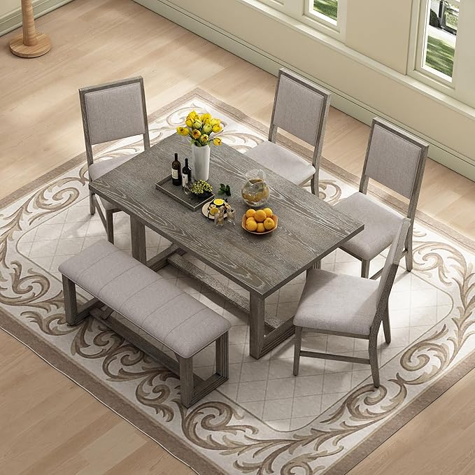 Merax Farmhouse Wooden Dining Set of 6, 59.6 inch Kitchen Table - Image 2