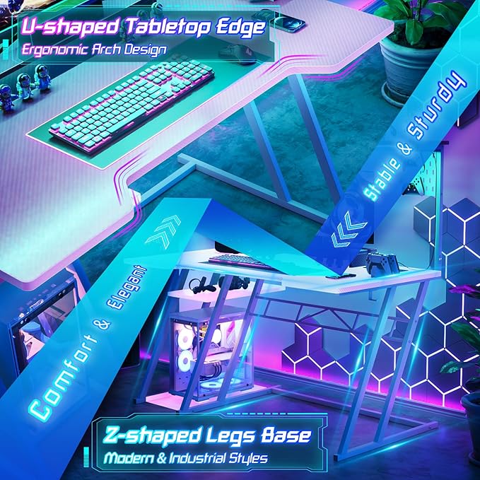 Armocity Pink Gaming Desk with Hutch and LED Lights, Reversible PC Gaming Desk - Image 7