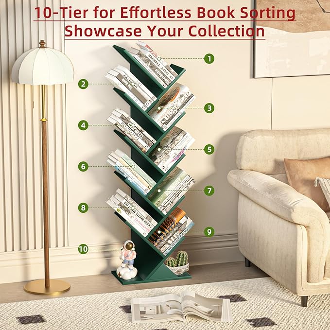 10 Tier Tree Book Shelf, Floor Standing Wood Bookshelf - Image 4
