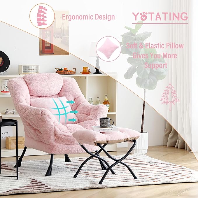 Lazy Chair with Ottoman, Comfy Reading Lounge Chair with Footstool & Throw - Image 8