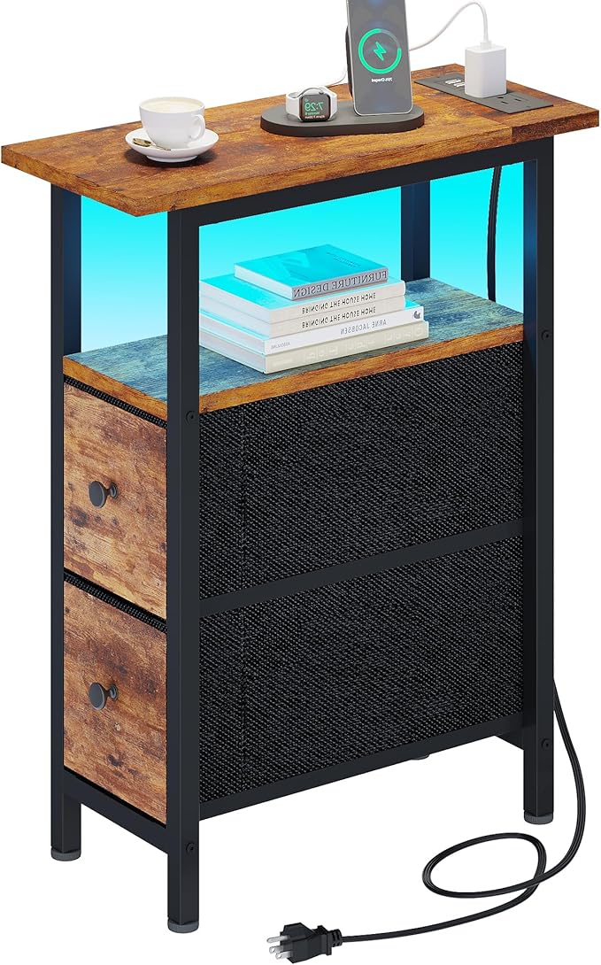 End Table with Charging Station, Narrow Side Table with 2 Fabric Drawers by TRIFEBLE