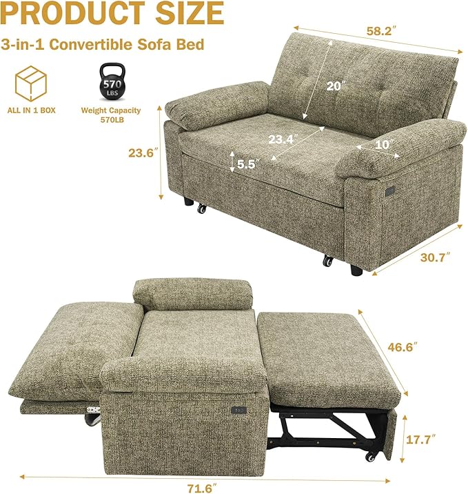 Vipbear 3-in-1 Convertible Sofa Bed, Pull Out Sleeper Sofa - Image 2