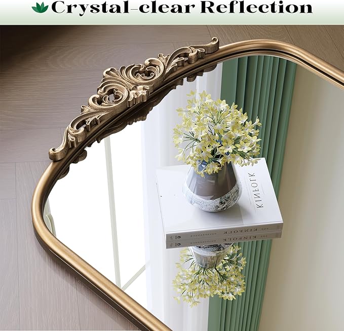 Arched Antique Gold Mirror, Ornate Arched Brass Wall Mirror - Image 3