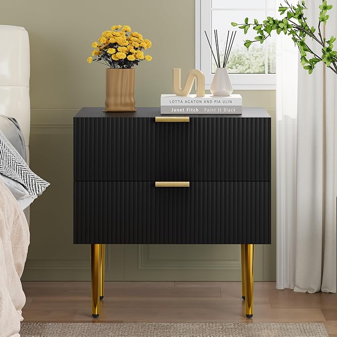 Black Nightstand for Bedroom, Fluted Night Stand, End Table for Living Room by Algherohein