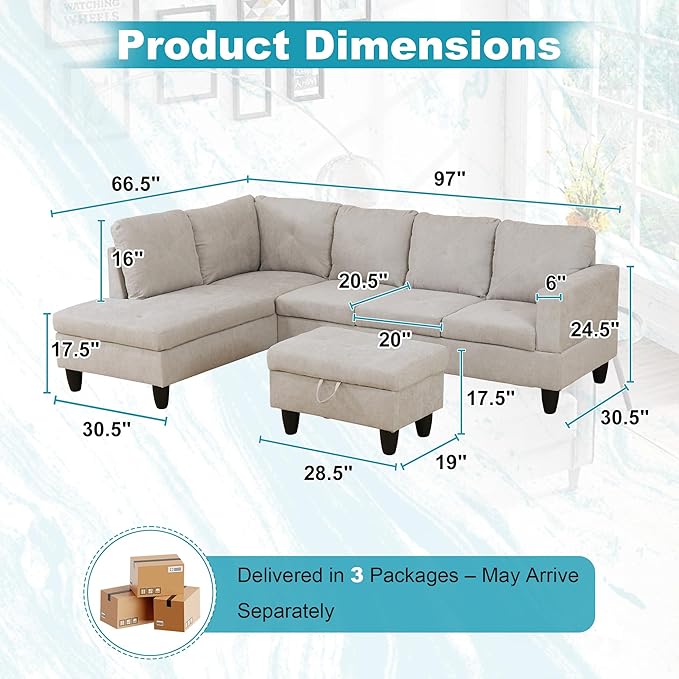 97" Oversized Sectional Couch, L Shaped Couch - Image 2