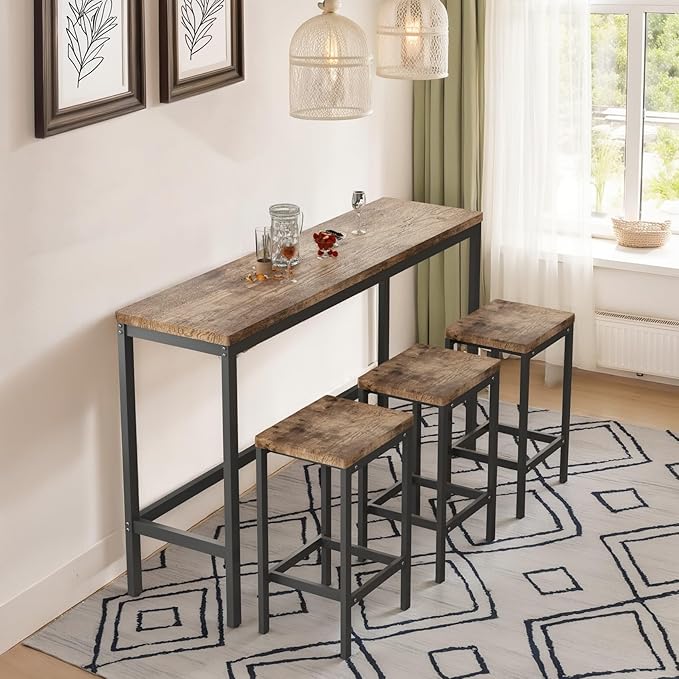 KEIKI 60.24” Long Bar High Top Dining Table and 3 Stools Chairs Set, Wood - Image 5