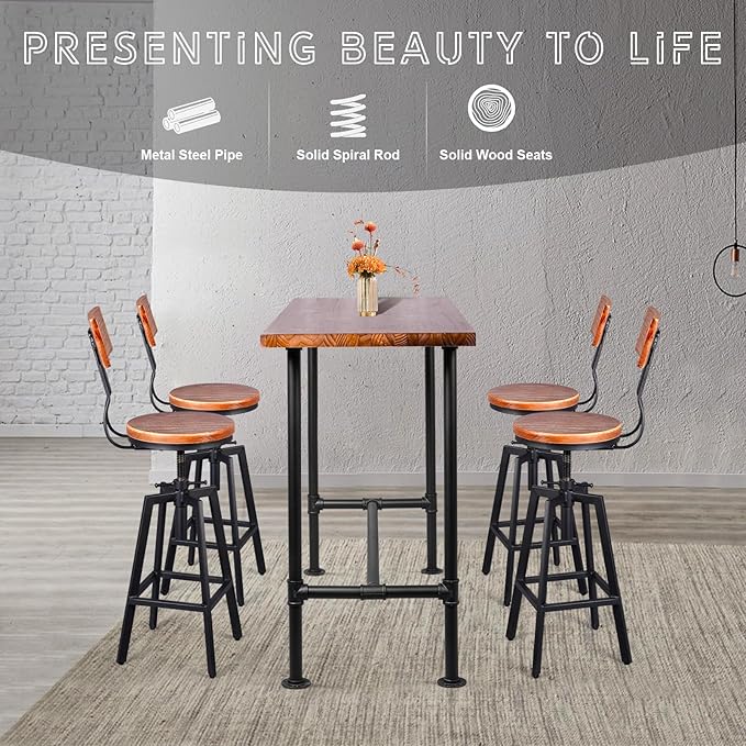 5 Pieces Industrial Dining Table Set Rustic Rectangular High Pub Table - Image 6
