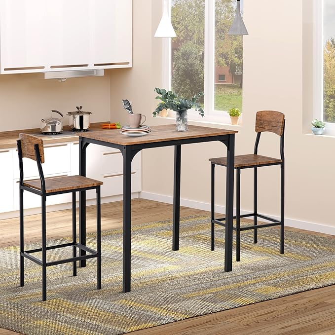 HOMCOM 3 Piece Industrial Counter Height Dining Table Set, Bar Table & Chairs - Image 2
