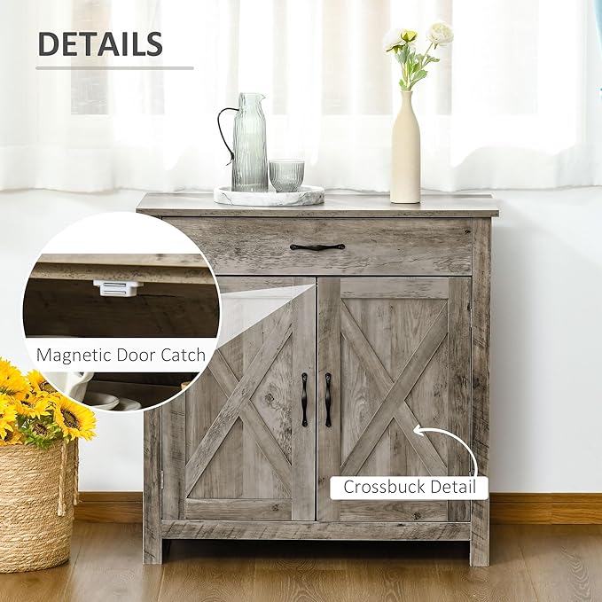 HOMCOM Farmhouse Sideboard Buffet Cabinet, Barn Door Coffee Bar Cabinet - Image 7