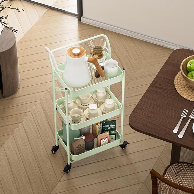 JAQ Foldable Rolling Cart, 3-Tier Metal Folding Storage Utility Carts Basket - Image 5