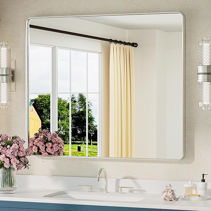 TETOTE 42 x 36 Inch Brushed Nickel Mirror Metal Framed Bathroom Mirror by TETOTE