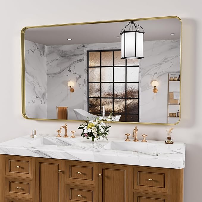 Gold Bathroom Mirror, 60x30 Inch Brushed Gold Metal Frame Mirror by JISOSO