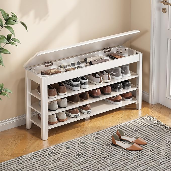 Shoe Rack Bench Seat Rubberwood 3-Tier Wooden Storage Bench 550lbs Compact by IUNVR