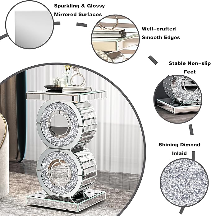 ENENE Mirrored End Table Crushed Diamond Coffee Table - Image 4