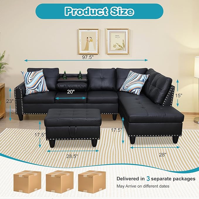 Couches for Living Room Faux Leather L Shaped Couch Comfy 3 Pieces Sectional - Image 2