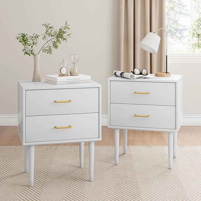 Set of 2 White Nightstand with 2 Drawers, Tall Night Stand with Gold Handles by Algherohein