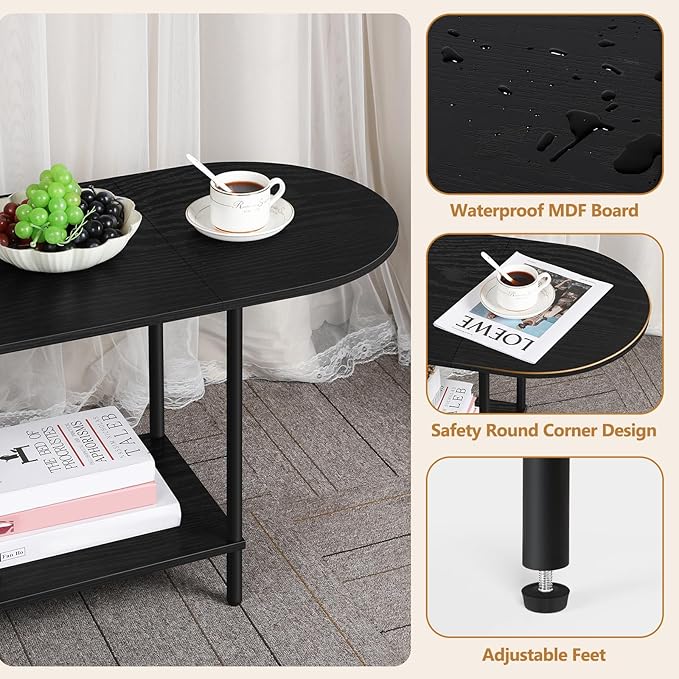 Black Coffee Table for Living Room, 2-Tier Small Oval Center Table, Mid Century - Image 5