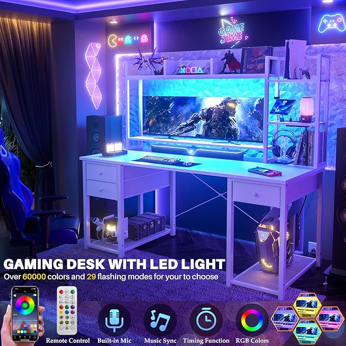 Aheaplus LED Gaming Desk with Hutch, 55.2" Workstation - Image 6