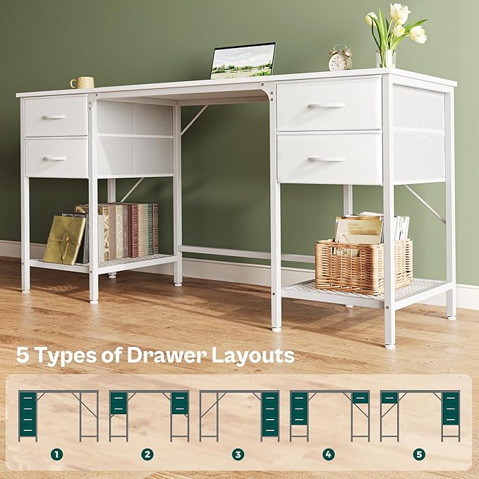 Huuger 63 Inch White Desk with 4 Drawers, Vanity Desk with Mesh Shelf, Large - Image 7
