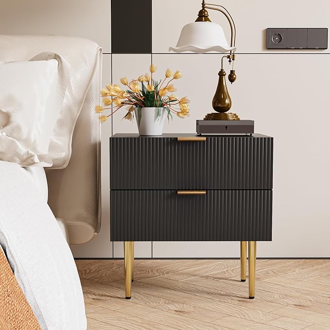 Black Nightstand for Bedroom, Fluted Night Stand Set of 2, Mid Century Modern - Image 5