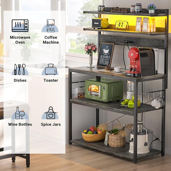 Aheaplus Bakers Rack with Power Outlet, Microwave Stand, 5 Tiers Coffee Bar - Image 5