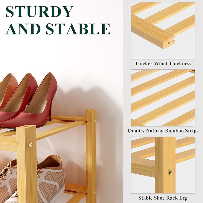 Smiry Shoe Rack, 2 Tier Small Bamboo Shoe Organizer, Stackable Free Standing - Image 3