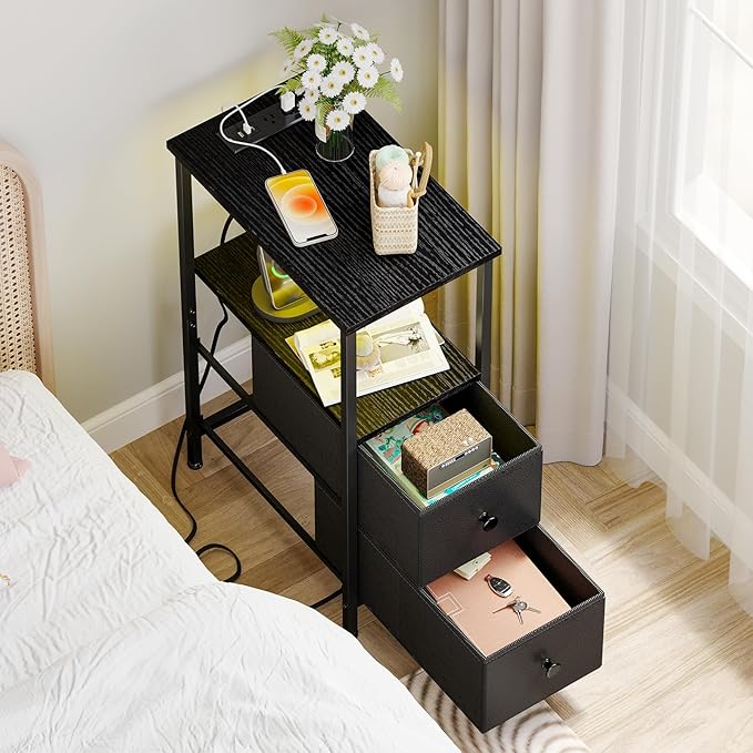Fixwal Narrow Side Table with Charging Station and LED Light, Skinny Nightstand - Image 6