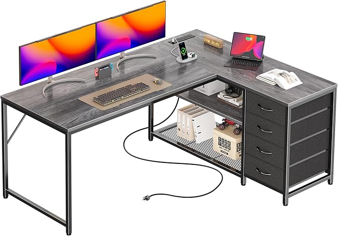 PRAISUN 53" L Shaped Desk with Power Outlets and USB-C Port, Reversible by PRAISUN