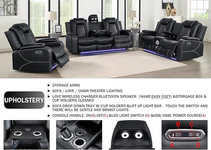 Ball & Cast Power Recliner Sofa Set Leather Reclining Sofa Set Living Room - Image 4