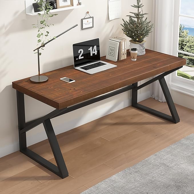 IBF Solid Real Wood Large Computer Desk, 60” Rustic Natural Home Office Desk - Image 5