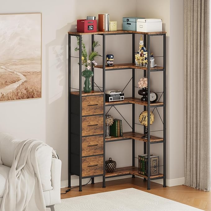 Corner Bookshelf with LED Light Strips & 4 Fabric Drawers, 5-Tier Convertible - Image 8
