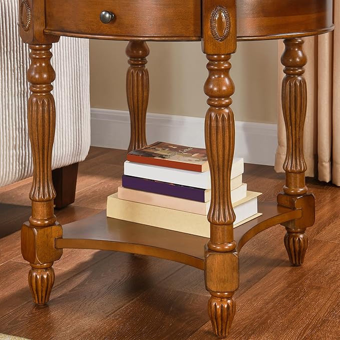 Solid Wood End Table with Drawer and Storage Shelf, Oval Sofa Side Table with - Image 8