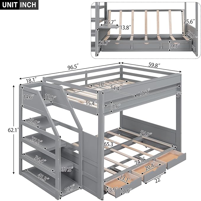 Full Size Wood Bunk Bed with Storage Staircase, Bedside Table, and 3 Drawers - Image 2