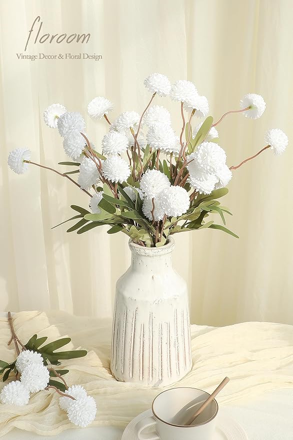 Floroom 5pcs White Faux Silk Mums Artificial Flowers, Bulk Fake Small Mini - Image 2