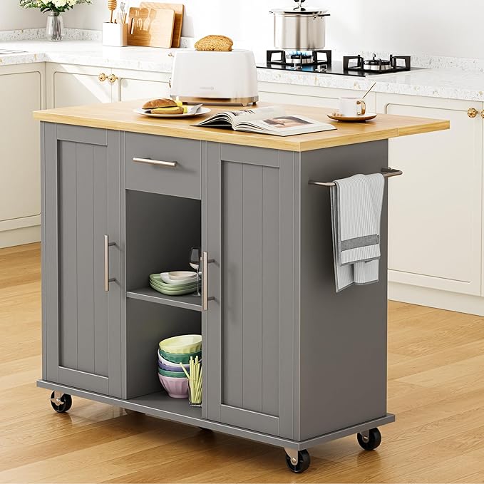 Shintenchi Kitchen Island with Storage, Bar Cart Cabinet Island Table on Wheels by Shintenchi