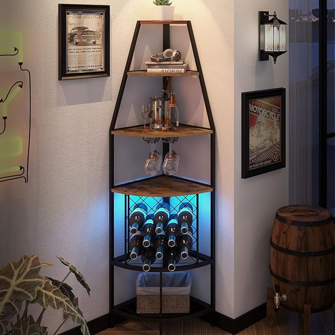 5-Tier Corner Wine Rack with LED Light Floor Standing Wine Rack with Glass by Espelism